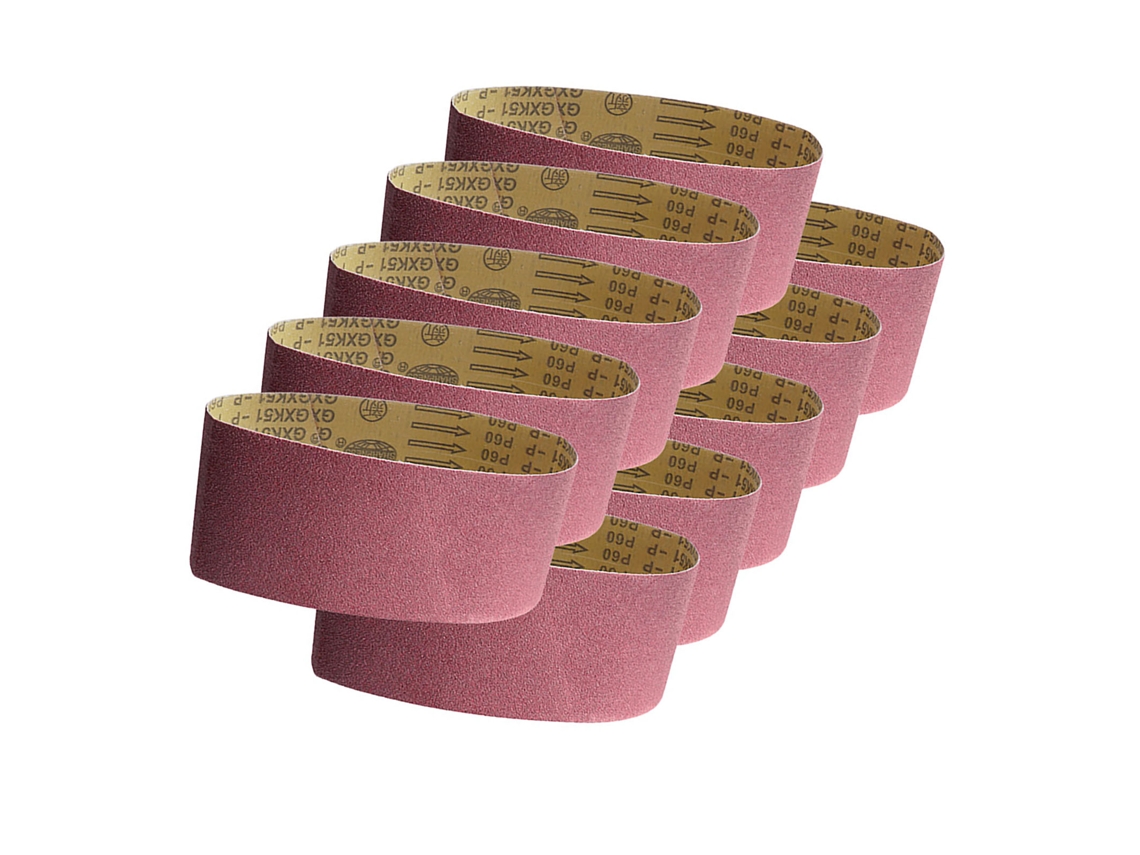 Conjunto de 10 lixas de cinta de óxido de alumínio, grão 120, 610x100mm, para lixadeiras de cinta, madeira e metais.