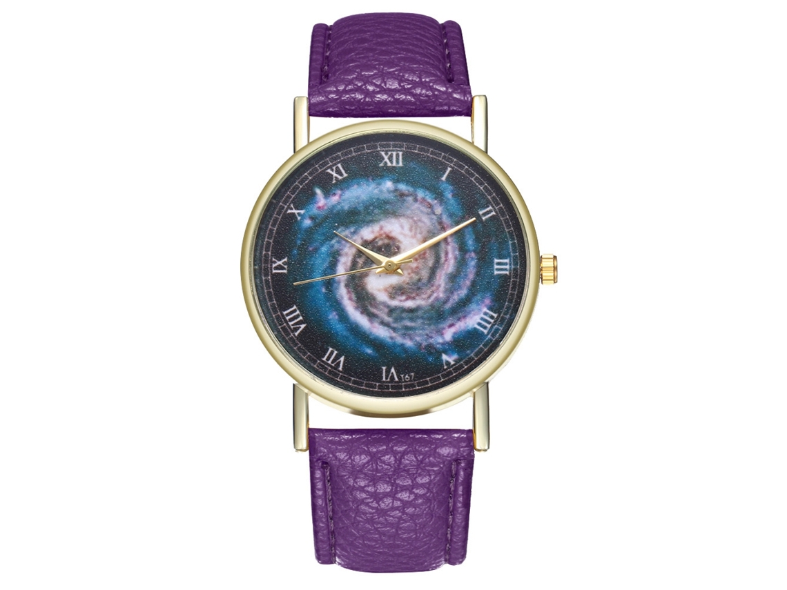 Relógio de quartzo unissex com pulseira de couro PU, mostrador com tema do universo e numerais romanos (roxo)