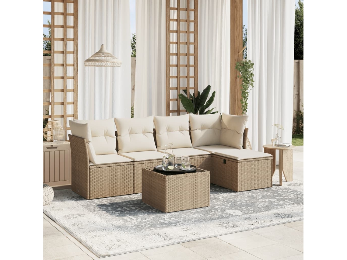 Vidaxl 6 Pcs Conjunto De Sofás P/ Jardim Com Almofadões Vime Pe Bege
