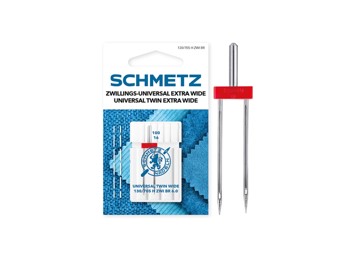 Agulha dupla universal extra longa SCHMETZ 130/705 H Zwi Br 6.0 100/16. Embalagem com 1 agulha.