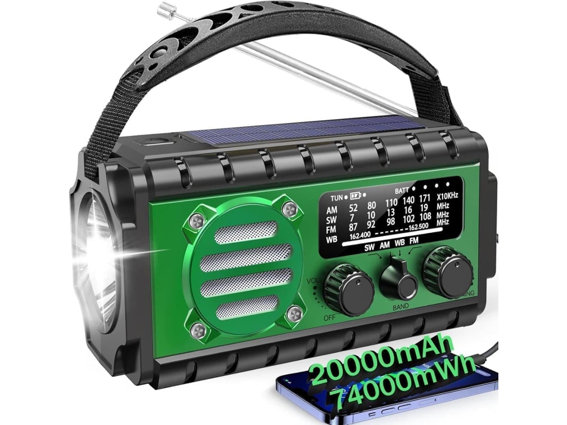 Rádio Meteorológico Portátil de Emergência de 20000mah com Célula Solar, Manivela, Bateria, Carregamento de Celular e Alarme Sos, Verde AQUAFORGE