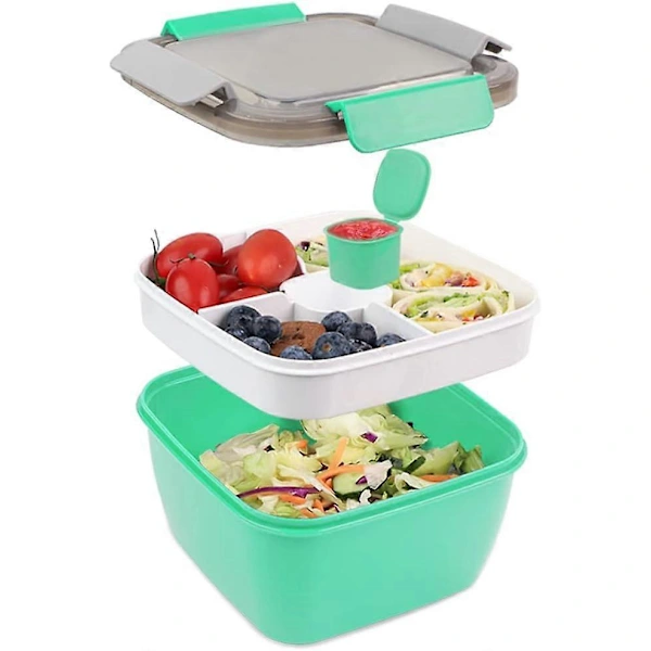 Lancheira 1500ml, Bento Box para Salada com 3 Compartimentos e Porta molho, Inclui Recipiente para Molho AQUAFORGE