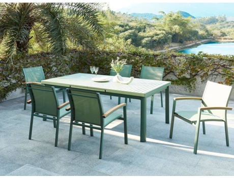 Conjunto Mesa e Cadeiras de Jardim Nauru MYLIA (Verde Amêndoa - Metal - 240x100x89 cm)