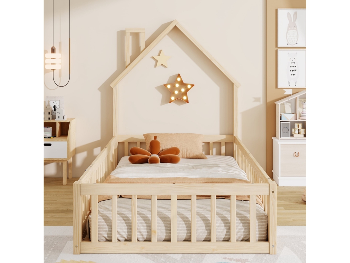 Cama infantil 90x200cm formato lareira, ripas, pinho, segurança 120kg, sem colchão natural KOMHTOM