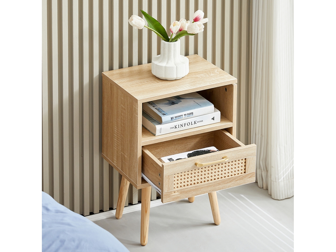 Mesa De Apoio Em Rattan Com Gaveta E Pernas De Madeira Maciça,mesa Moderna Para Sala E Quarto,aparência Em Madeira Natural,55x40x30cm