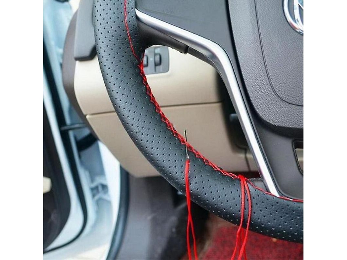Capa de volante de carro faça você mesmo em couro macio 37-38cm Acessórios internos Linha Agulha Preto e Vermelho
