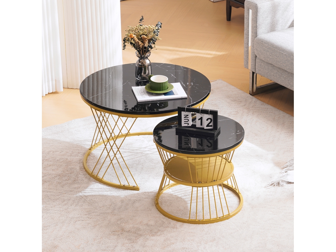 Mesa De Centro Moderna Com Acabamento Em Mármore E Conjunto De 2 Mesas Laterais Douradas Com Estrutura Em Pu Preto Mega Echo Trade Shop