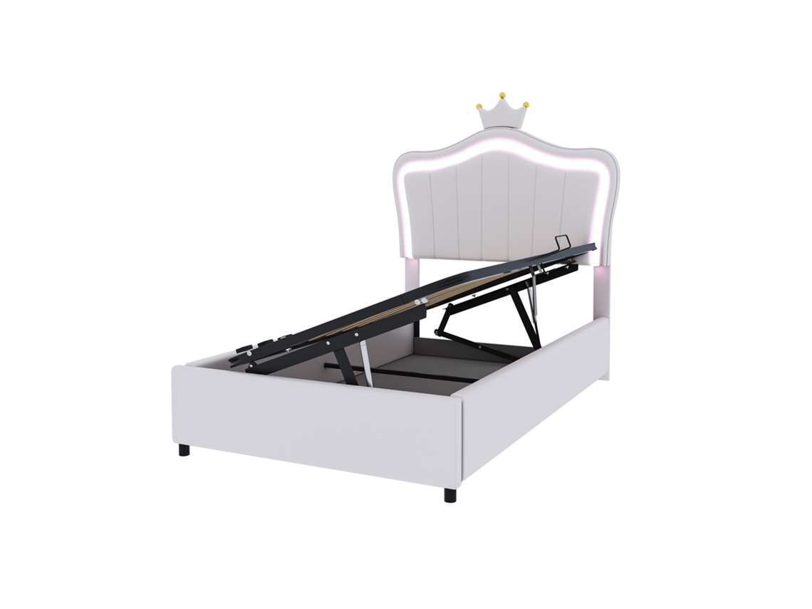 Cama infantil estofada 90x200cm com design de coroa, led, baú hidráulico, cabeceira ajustável, imitação de couro branca PAPRIKA