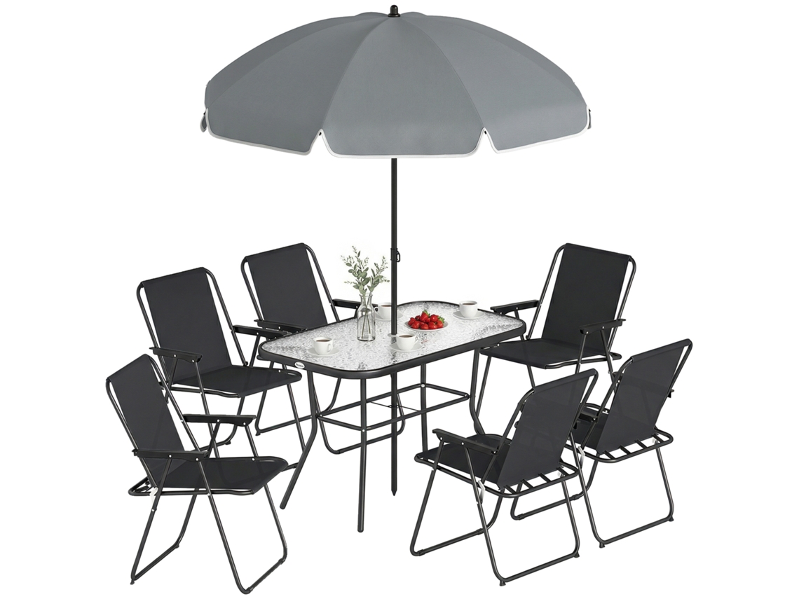 Conjunto de Jardim 8 Peças com Parachuva. 6 Cadeiras Dobráveis e Mesa Externa em Vidro Temperado. Preto Ge