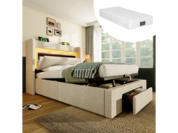 Cama Solteiro 90x200 cm com Compartimentos Laterais, USB, Tecido Chenille ZKAKA