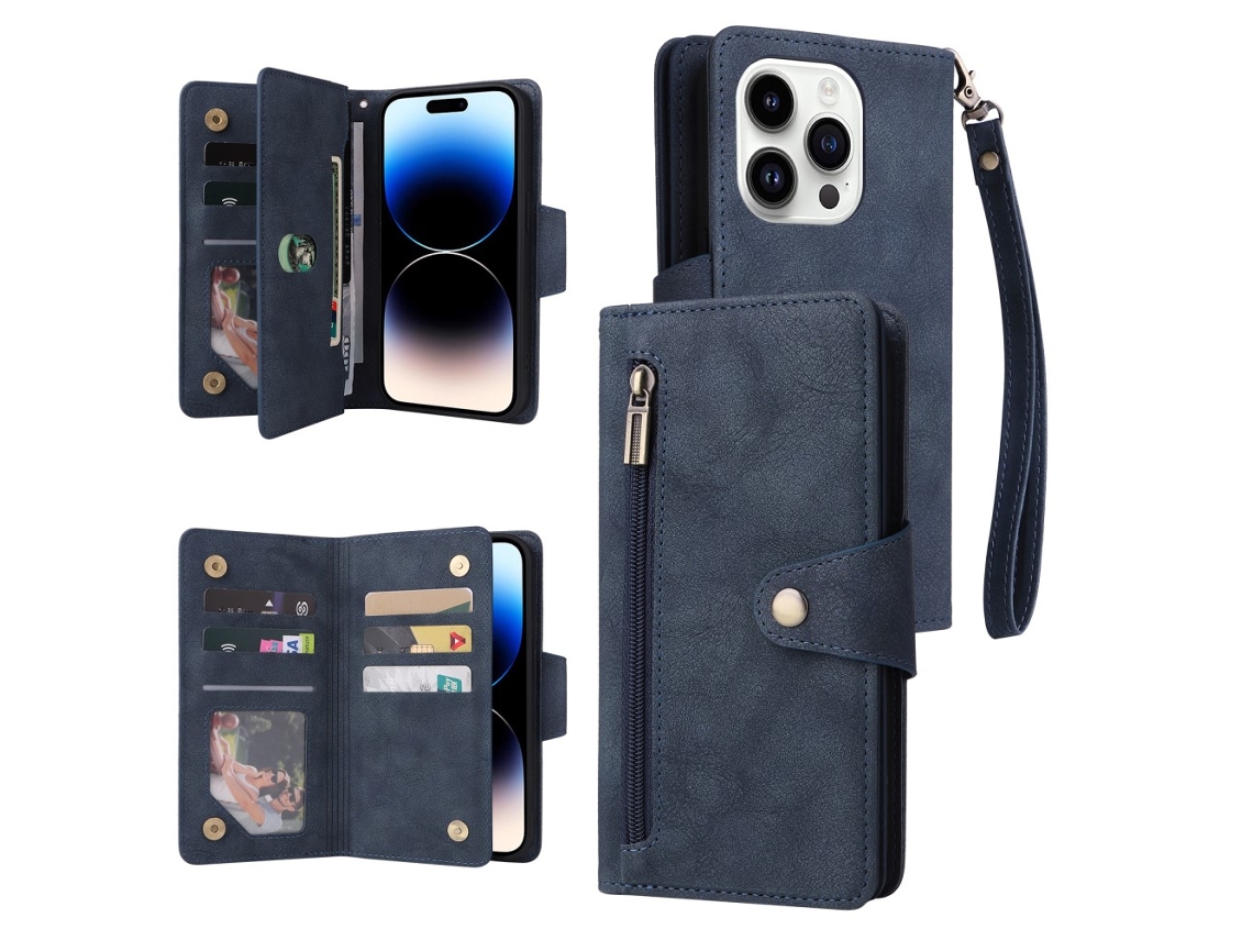 Capa Pega Para Iphone 15 Pro Pele Sintética Anti-riscos Azul