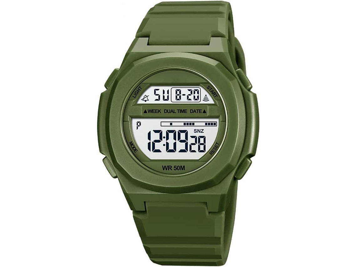 Lurelia Relógio Digital, Visor Digital, Led, Cronómetro, Alarme, Data/calendário, 12/24h, Duplo Fuso/mostrador, Aço Inoxidável, Abs, Verde