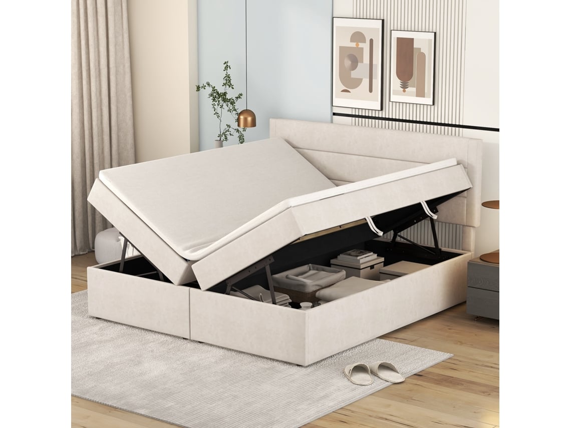 Cama Acolchoada Com Base Ripada E Arrumacao Cor Bege Finalizacao Apurada E Durabilidade 200x140cm