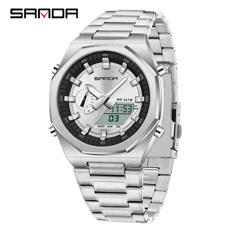 Relógio Digital MDUG Masculino Elegante, com Despertador, À Prova D'água, Cronômetro, Aço Inoxidável e Visor Duplo