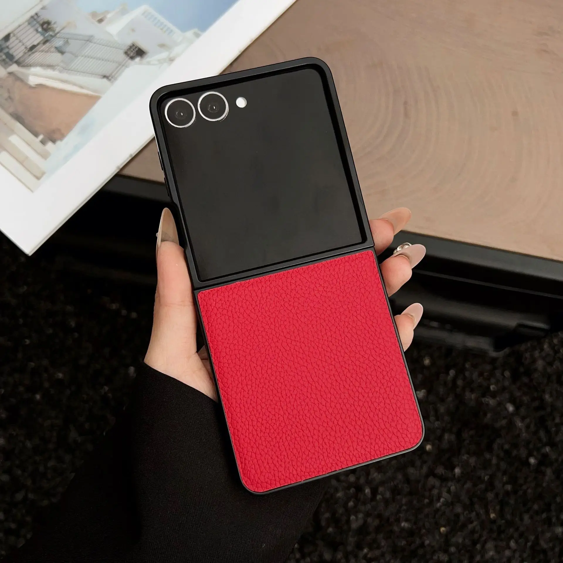 (vermelho, Galaxy Z Flip4) Capa Minimalista Para Celular Com Textura De Couro Granulado E Protetor De Tela Dobrável.