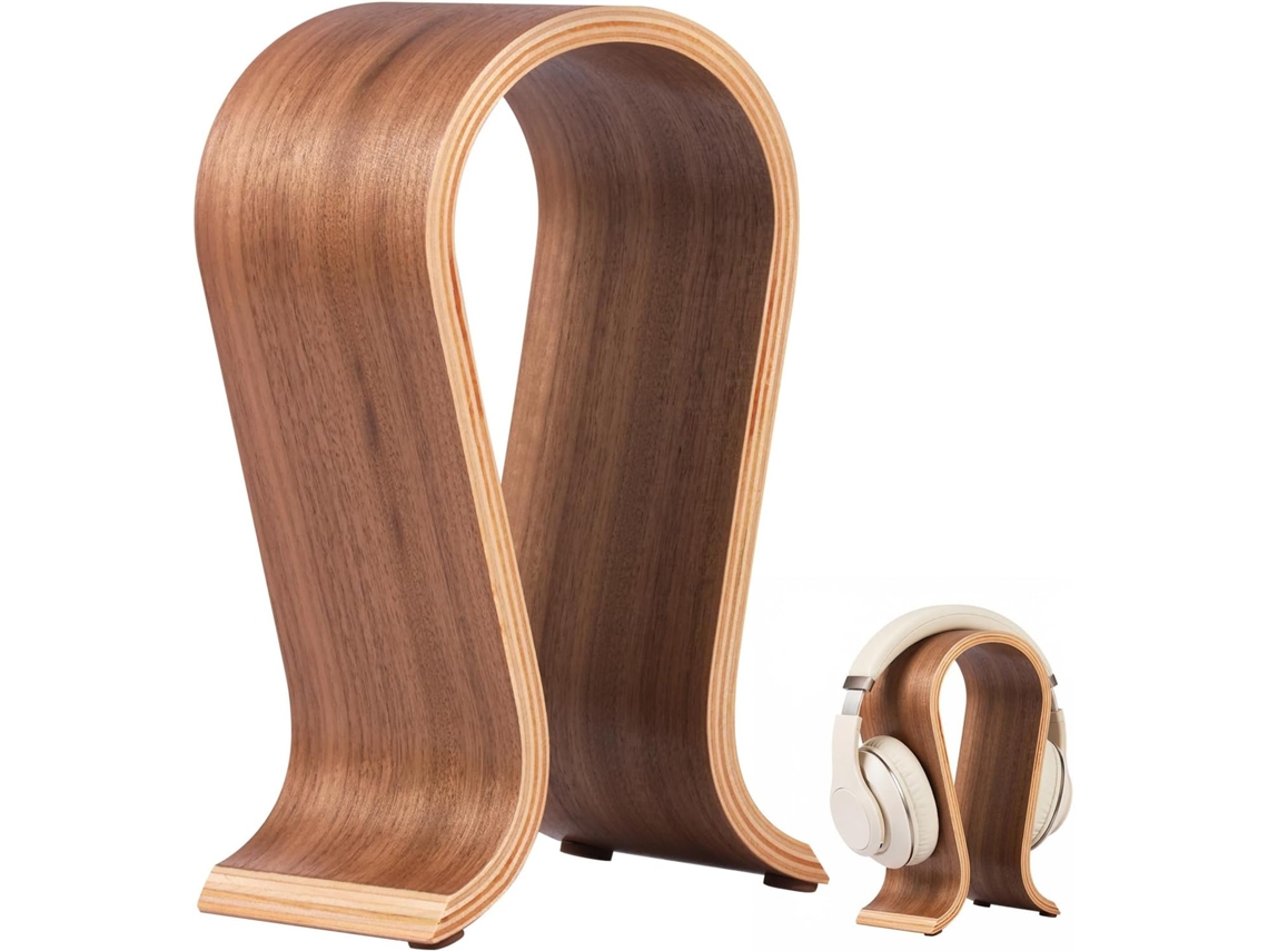 Suporte De Mesa Para Fones Ouvido Em Formato Arco, Feito De Madeira Nogueira, Com Armazenamento Universal Para Fones De