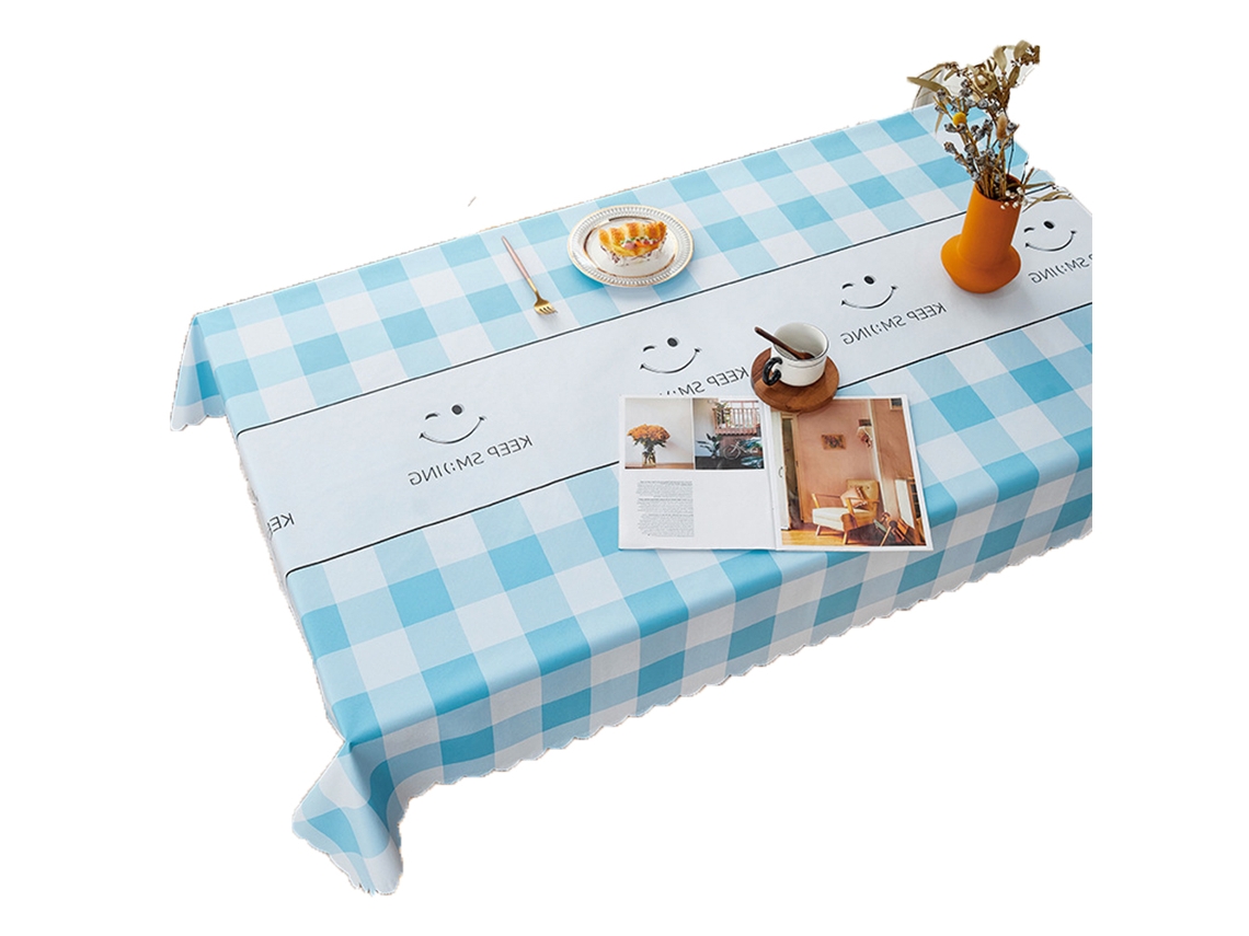Toalha de Mesa Retangular de Linho de Algodão À Prova de Vincos Toalha de Mesa com Franjas Cinza Smile Azul Xadrez/Borda Flor 90*150Cm