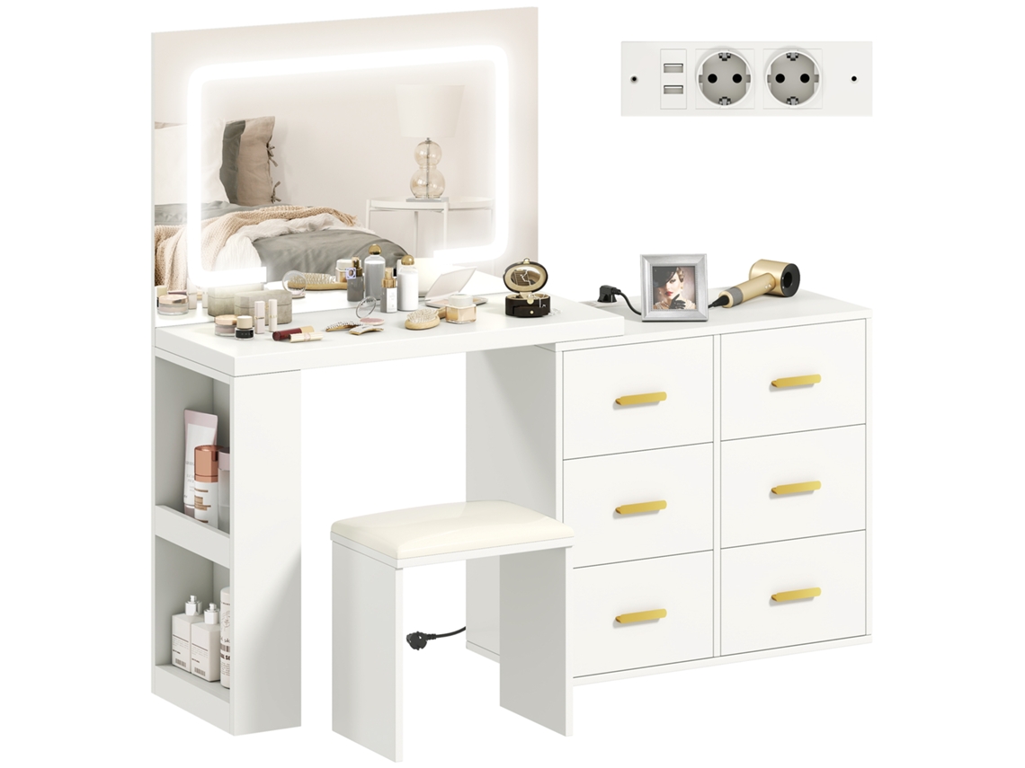 Coiffeuse com Espelho e Banco - Mesa de Maquiagem com Luz Led Ajustável,6 Gavetas,118x78x135cm,branco BTFORUS
