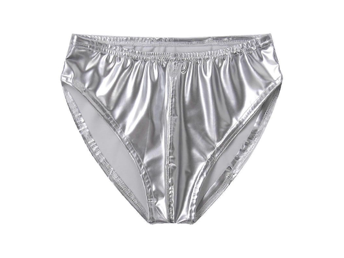 Calcinha Boxer de Couro Patente com Efeito Molhado para Homem, Cintura Elástica, Ideal para Club, Dança de Pólo e Festas Prata