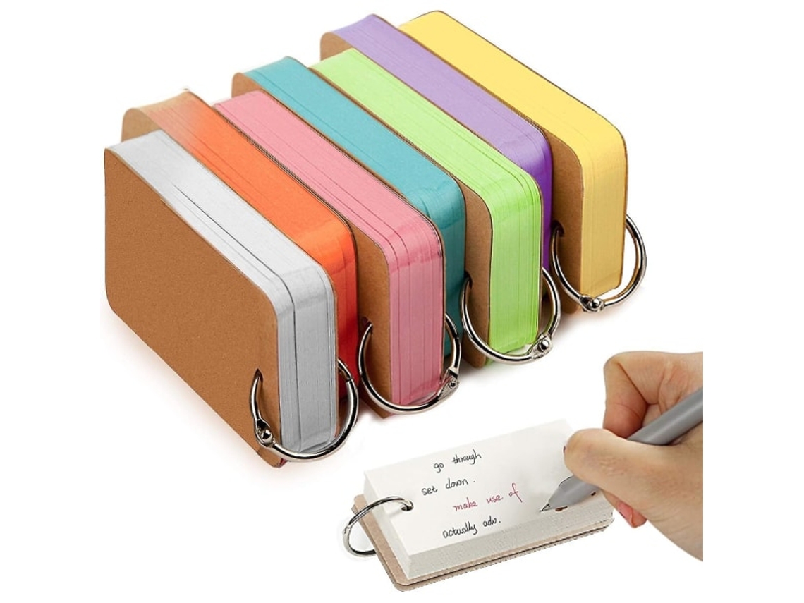 Conjunto com 7 Cartões de Memorização com Argolas, Cartões de Vocabulário, 350 Folhas de Papel, um Porta cartões e um Pequeno Caderno. MDUG