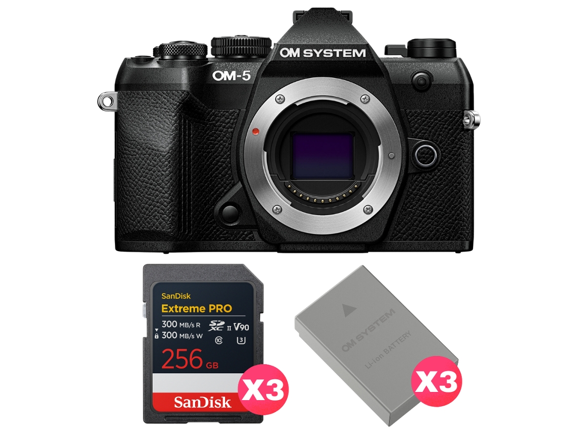 Om 5 Mark Ii Preto + 3 Sandisk 256gb Extreme Pro Uhs ii Sdxc + 3 Om System Bls 50 + Ebook “20 Dicas para Fotos Que Impressionam” OM SYSTEM