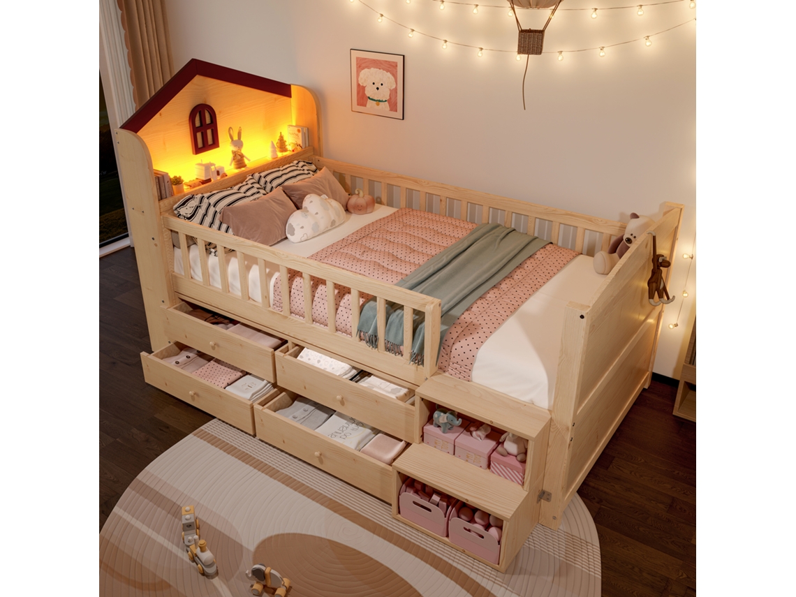 Cama Mezanino 90x200cm, Formato De Casa, Janela, 4 Gavetas, Luz De Led, Escada, Sem Colchão, Natural.