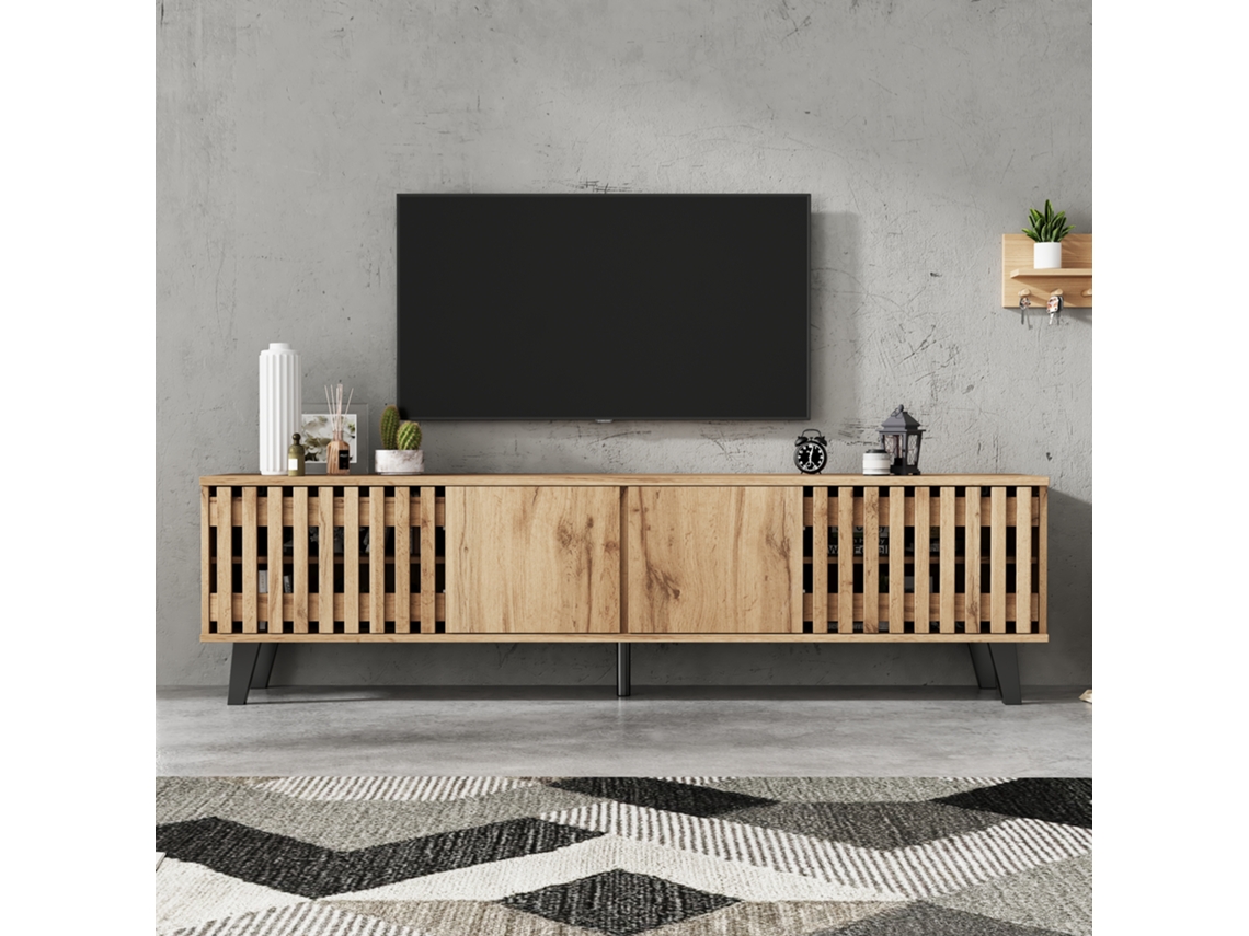 Móvel de TV 180x40x55 cm com 4 portas, estilo escandinavo natural