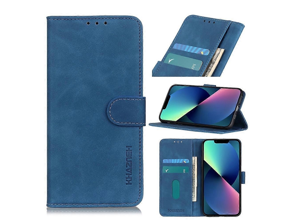 Capa De Couro Com Textura Retrô Para Iphone 14 Plus, Azul