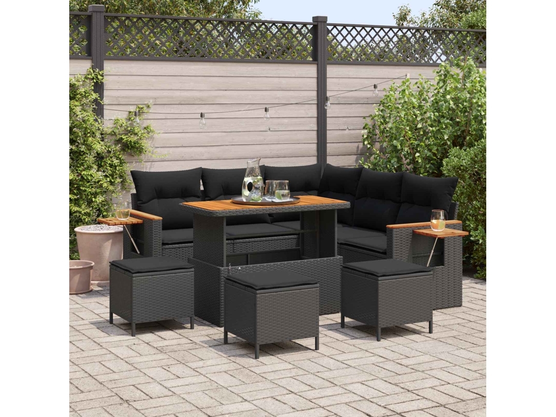 Vidaxl Conjunto De Sofá De Jardim Com Almofada 10 Pcs Preto Vime Pe