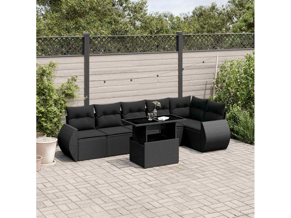 Vidaxl 7 Pcs Conjunto de Sofás P/ Jardim C/ Almofadões Vime Pe Preto
