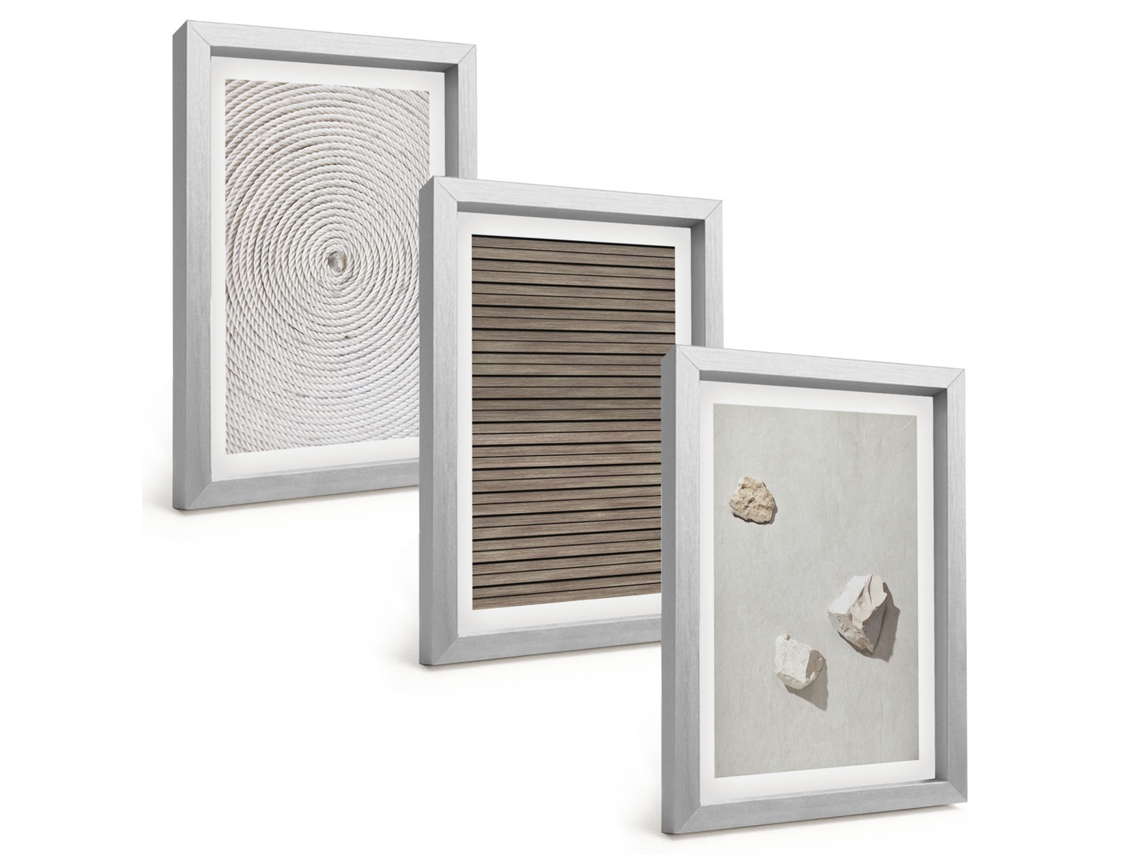 Quadros Decorativos Para Paredetexturas Naturais, Madeira, Pedra Moldura Prateada Quadros Para O Escritório Espelharte (3 Peças 20x30 Cm)