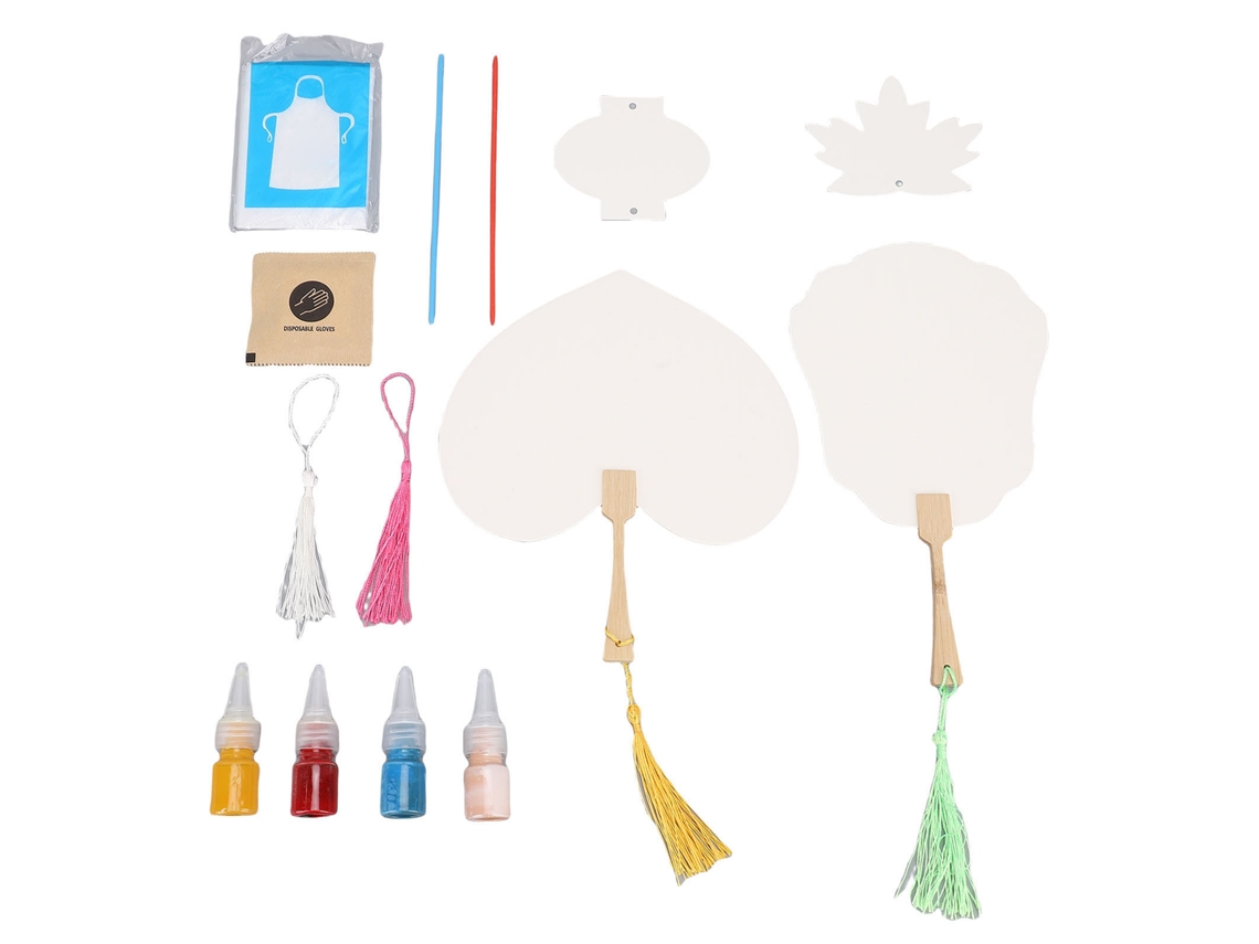 Abanico Branco Para Pintura Manual Com Cabo De Bambu E Pom Pom Decorativo