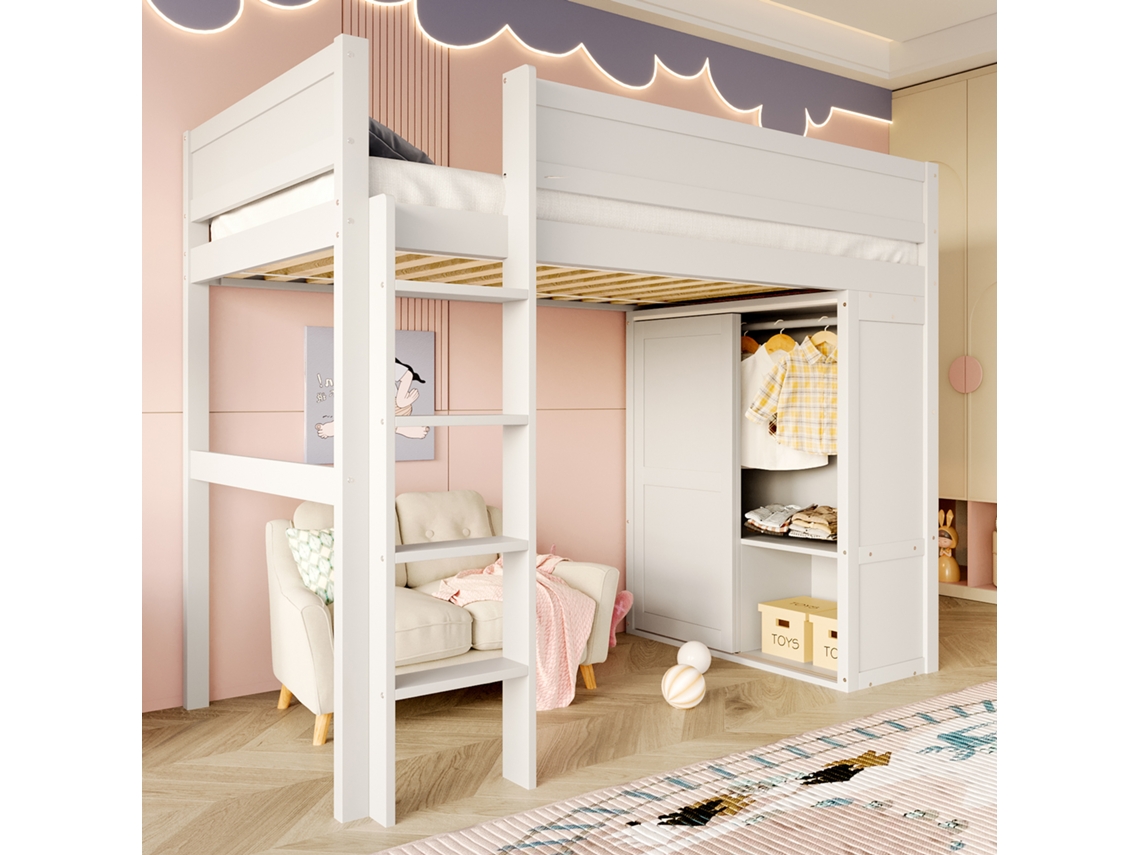 Cama Alta 90x200 Branca em Pinho com Guarda roupa