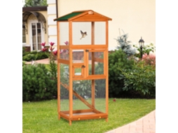 Gaiola Para Pássaros Grande 68x63x165cm Madeira De Abeto Com 2 Portas Bandeja Amovível E Teto Asfáltico Lenhoso