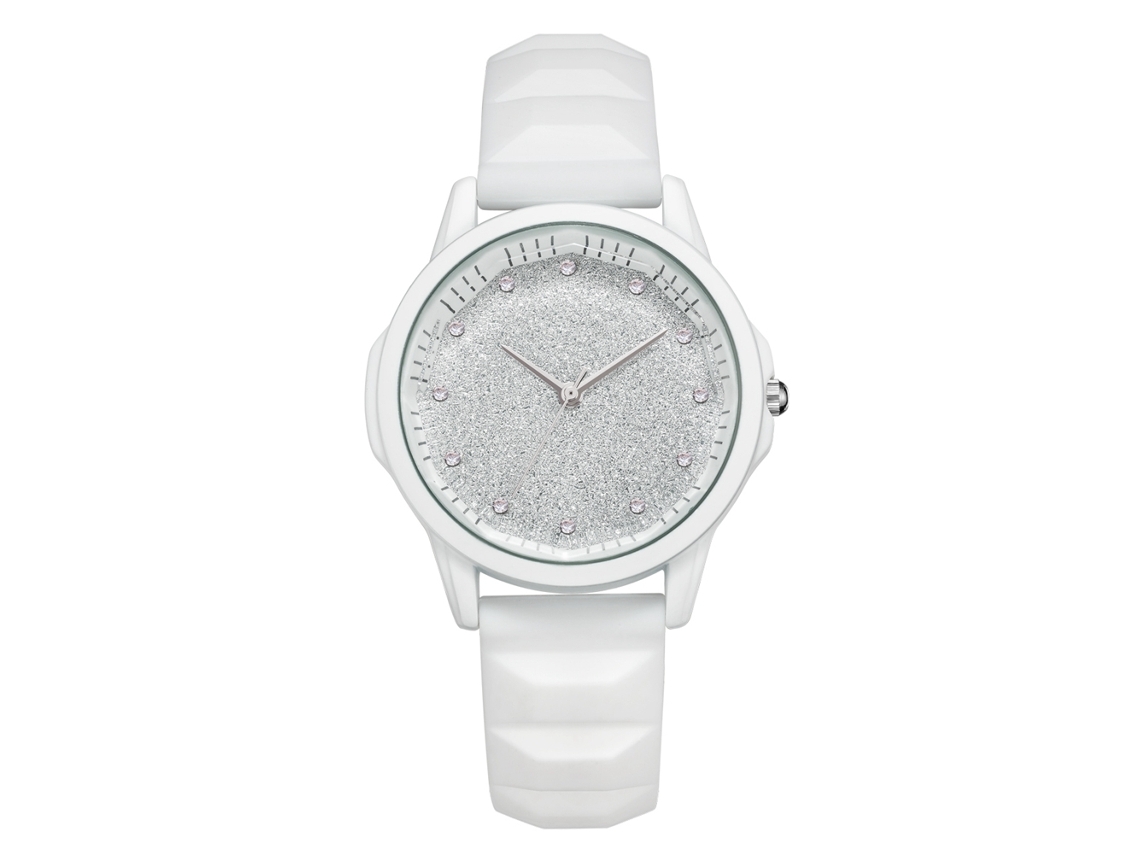 Relógio Feminino de Quartzo com Pulseira de Silicone Moda Strass Mostrador Redondo Branco
