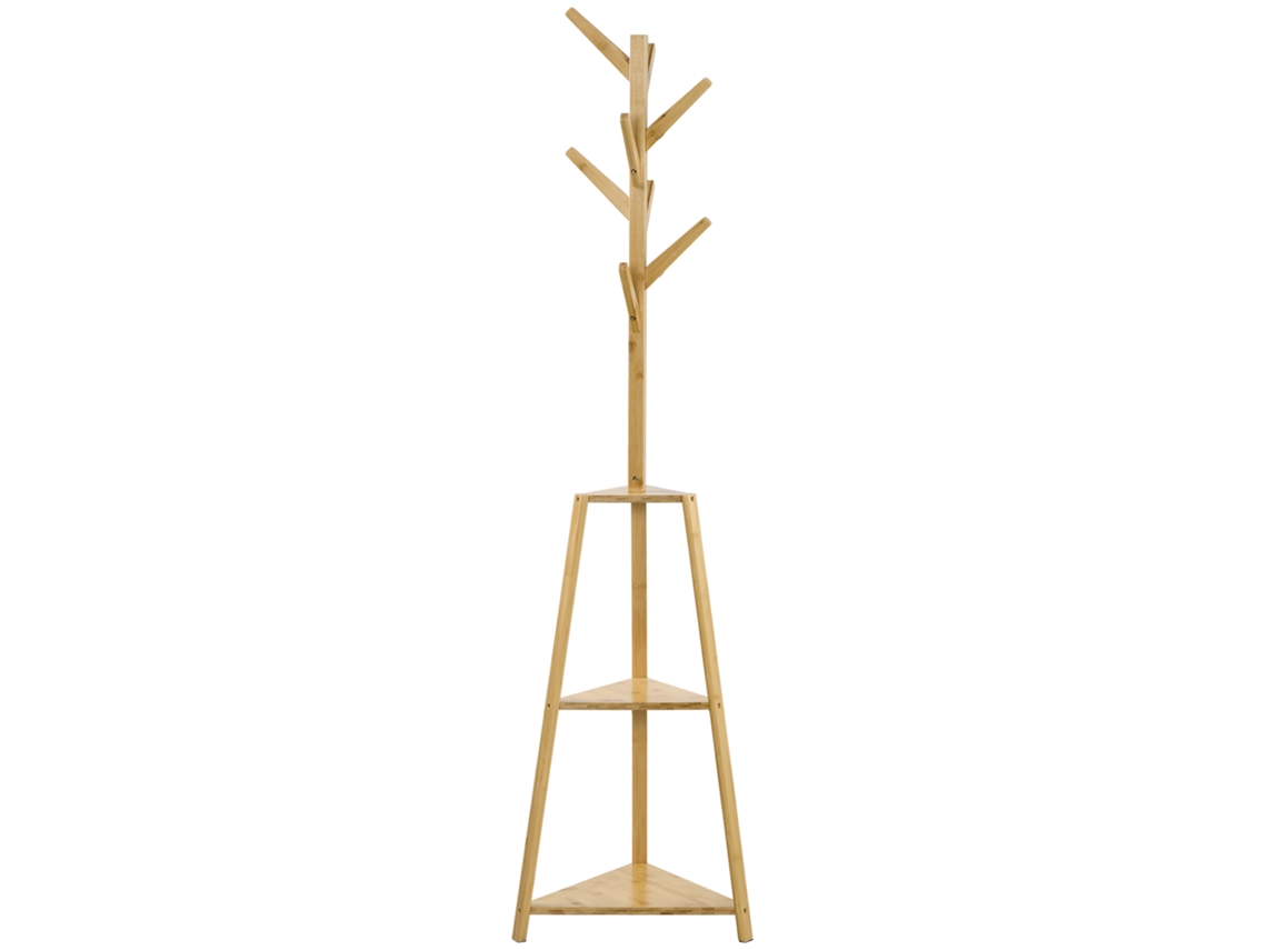 Cabide Bambu 46x46x175cm Com 8 Ganchos E 3 Prateleiras, Natural