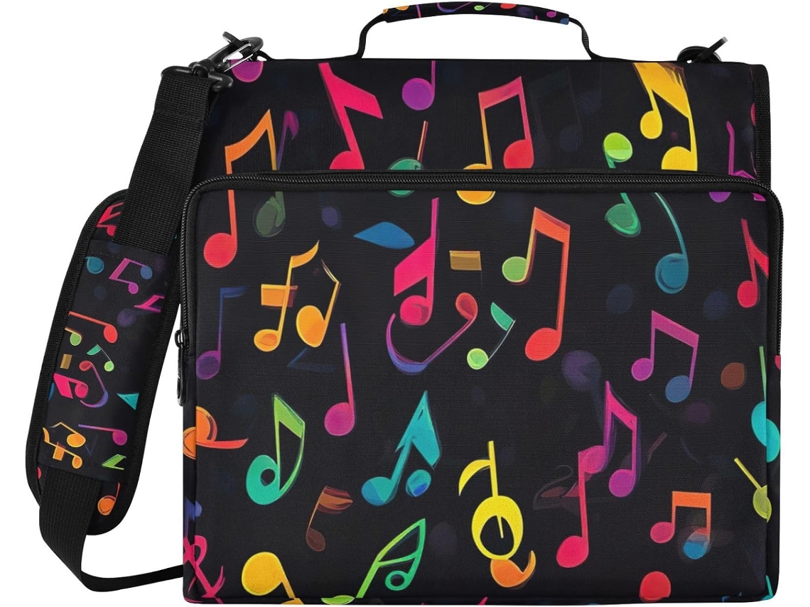 Bolsa Preta Com Zíper, Estampa De Notas Musicais Coloridas, Com Fichário De 3 Argolas, Compartimento Laptop E