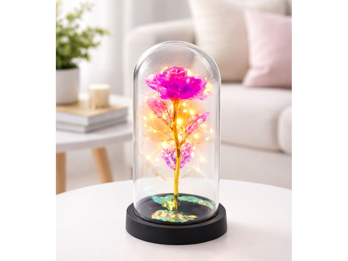 Rosa De Cristal Eterna Em Cúpula Com Iluminação Led Rosa 21x11cm
