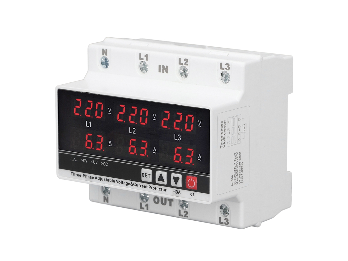 Yuru protetor de Subtensão Trifásico Ajustável 63a Rail Din Ac120v 300v com Proteção Contra Sobrecorrente e Display Digital