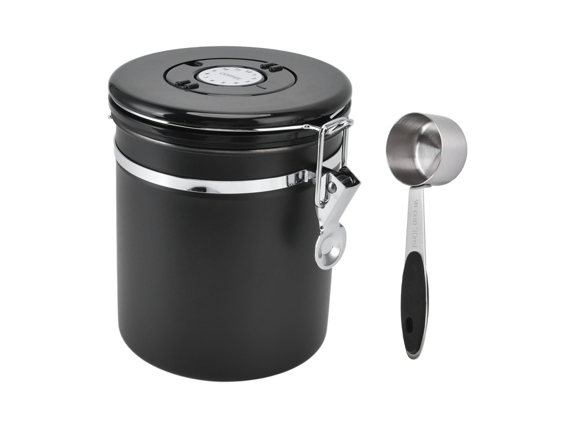 Eyf lata Airtight de Café com Válvula Co2 Rastreador de Data Aço Inoxidável 1500ml com Colher