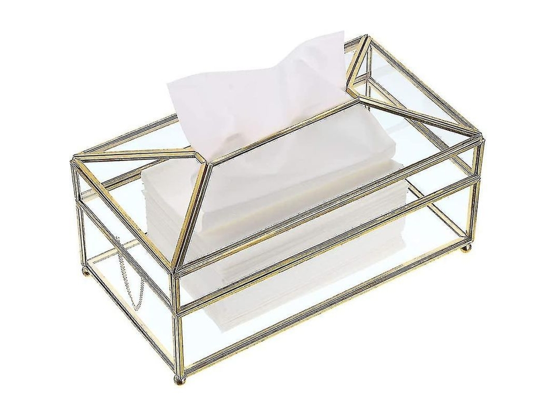 Caja De Papel Tissues De Vidrio Transparente Rectangular Con Marco De Metal Dorado