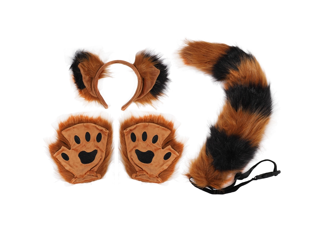 Mali conjunto Tiara Orelhas de Raposa, Cauda e Luvas com Garras para Cosplay e Festas Marrom Preto