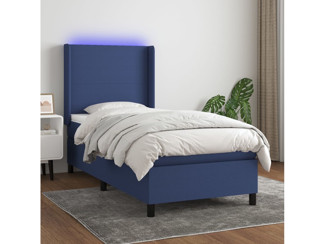Vidaxl Cama Box Spring C/ Colchão E Led 90x200 Cm Tecido Azul