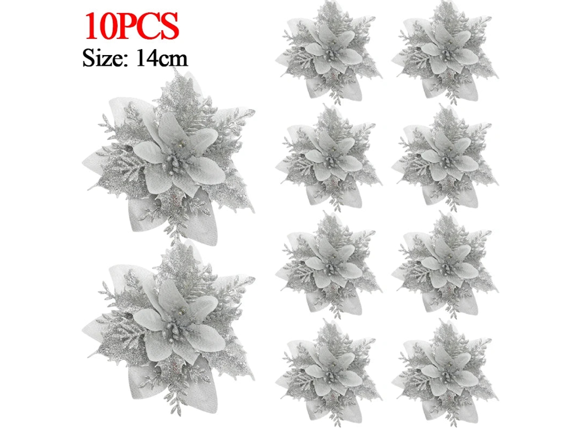 5/10 Unidades De Flores Artificiais De Natal Em Formato De Poinsétia Com Glitter, 14 Cm, Com Prendedores, Para Decoração De Árvore Aquaforge