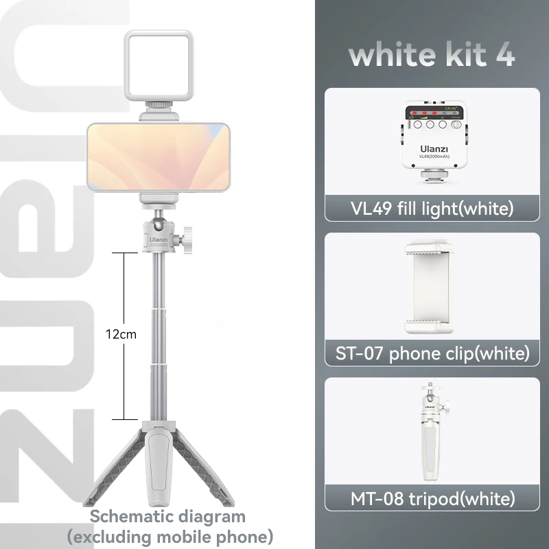Tripé Mini Kit 2 Branco, Pliável, Interface de 1/4 Polegada, Compatível com Dslr, Android e iPhone