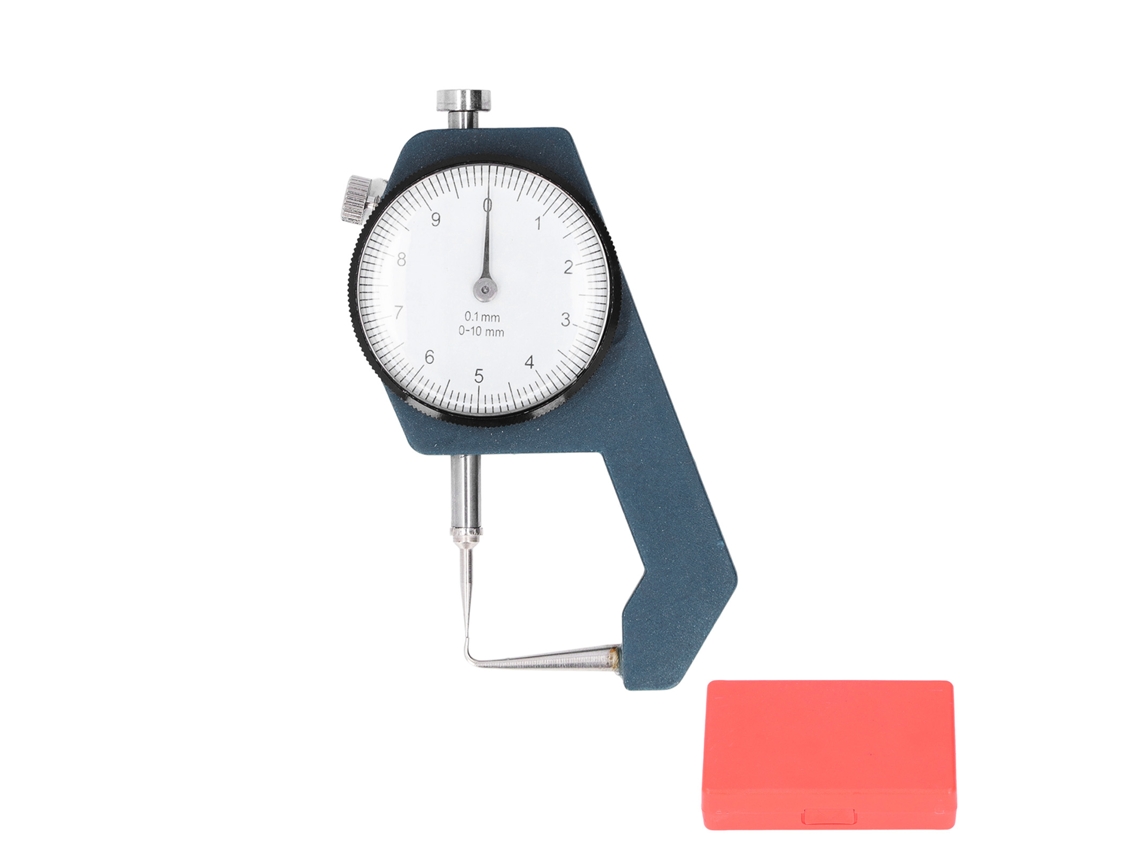 Medidor de espessura com mostrador e ponta curva, faixa de medição de 0 a 10 mm, resolução de 0,1 mm, ferramenta de medição circular.