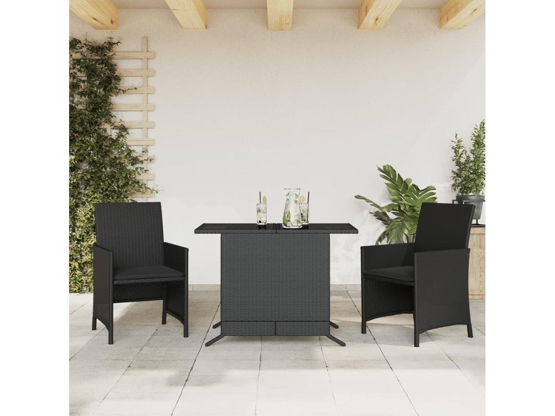 3 Pcs Conjunto de Móveis de Jardim - Conjunto de Bistrô com Almofadões Vime Pe Preto HARLANV1