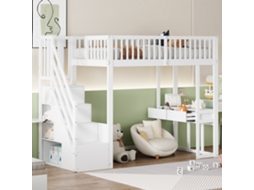 Cama Alta 90x200 Madeira Pinho Com Escada Armazenamento E Mesa