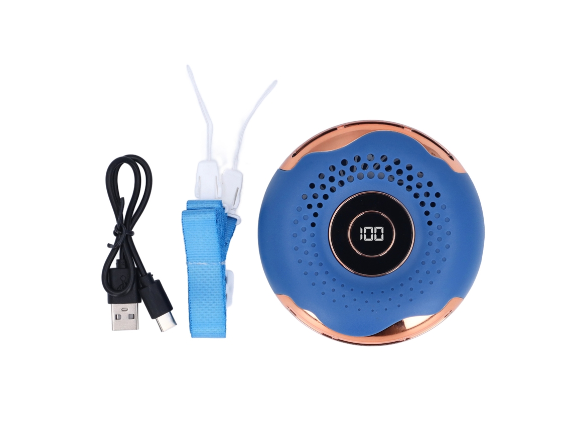 Ventilador portátil sem hélices para o pescoço, com cordão, clipe de cintura, recarregável e visor LED azul.