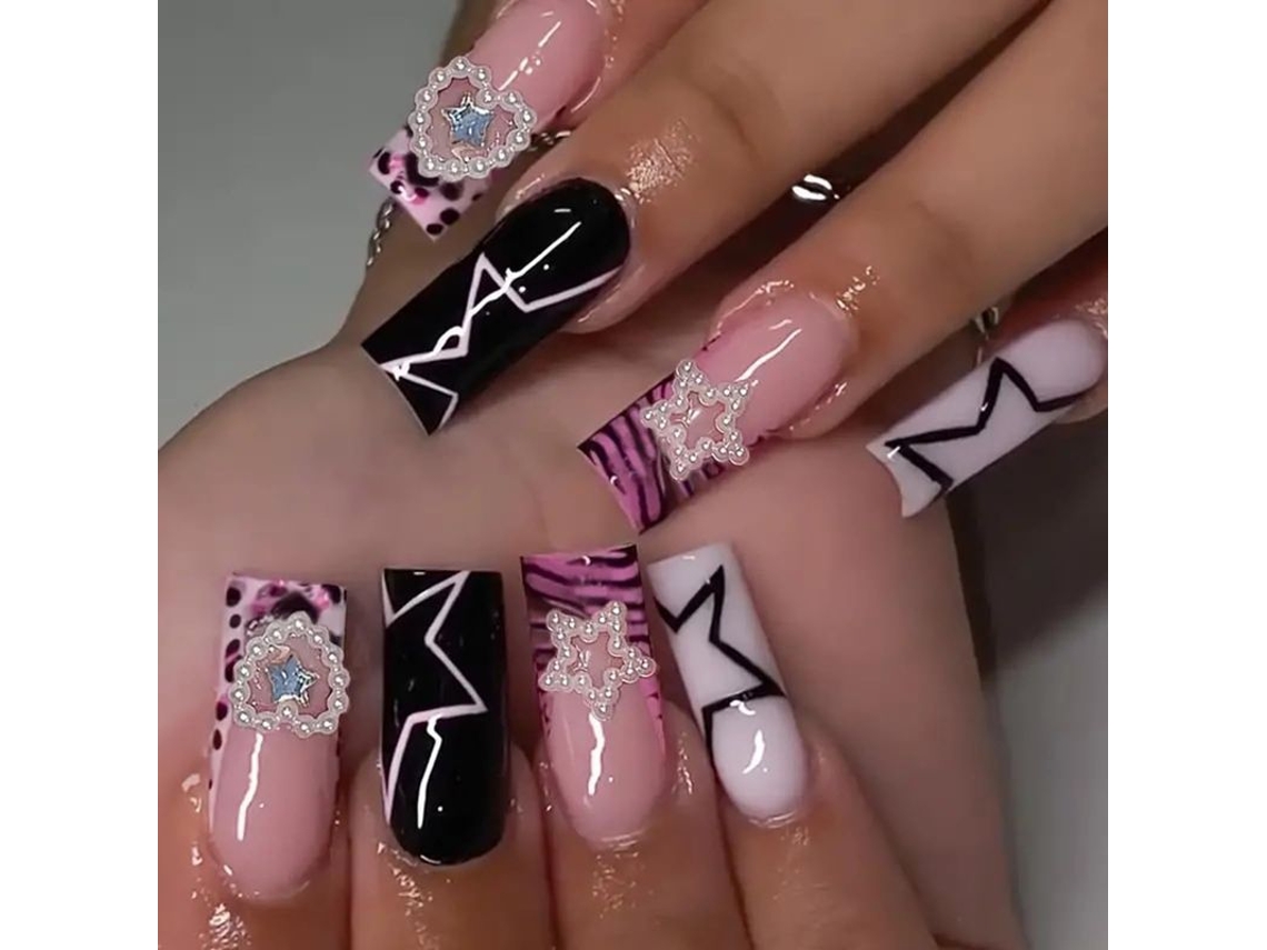 Unhas Falsas de Impressão Rosa Quadrado Médio com Arte Francesa Capa Completa